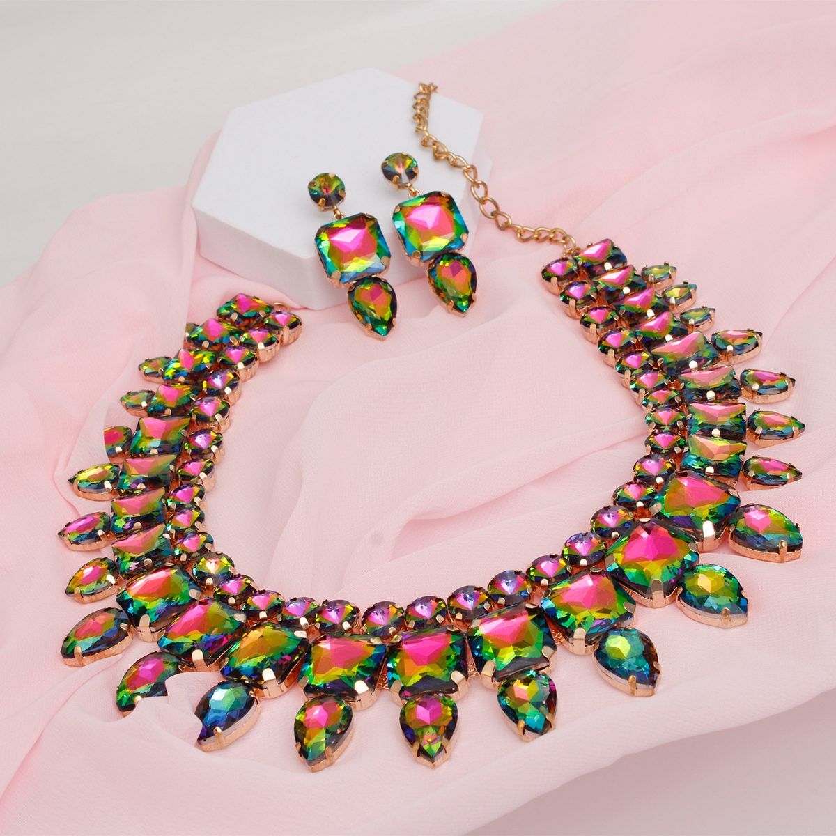 Formal Pink Green Crystal Collar Necklace Set Gold Bib Glass Crystals