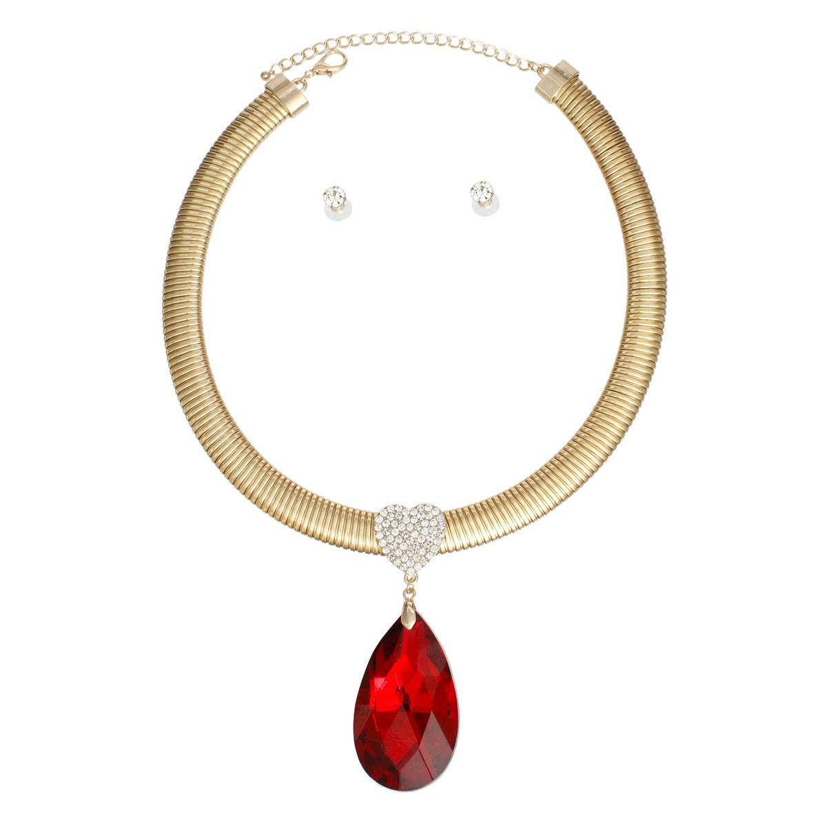 Gold Omega Chain Red Teardrop Necklace Set