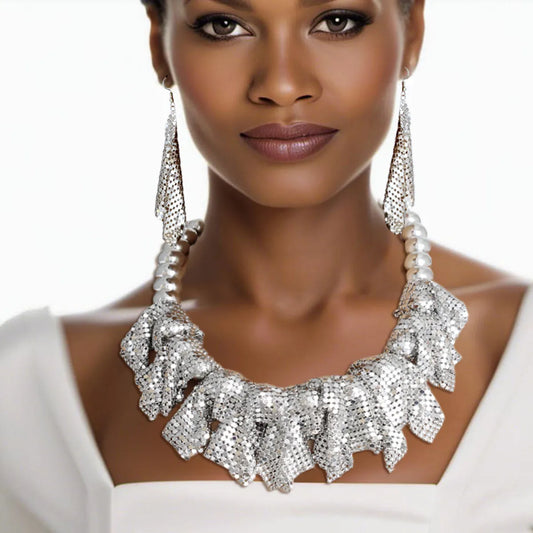 Iconic Mesh Bead Necklace Set: Bold Silver Fashion Jewelry