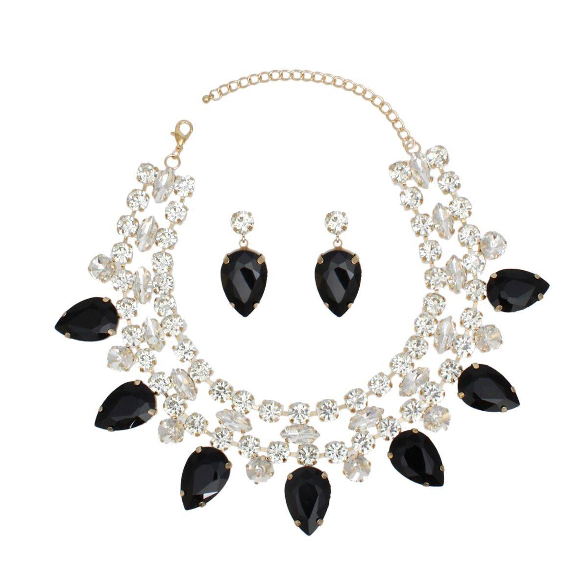 Black Crystal Collar Necklace Set Double Row Statement Formal Jewelry