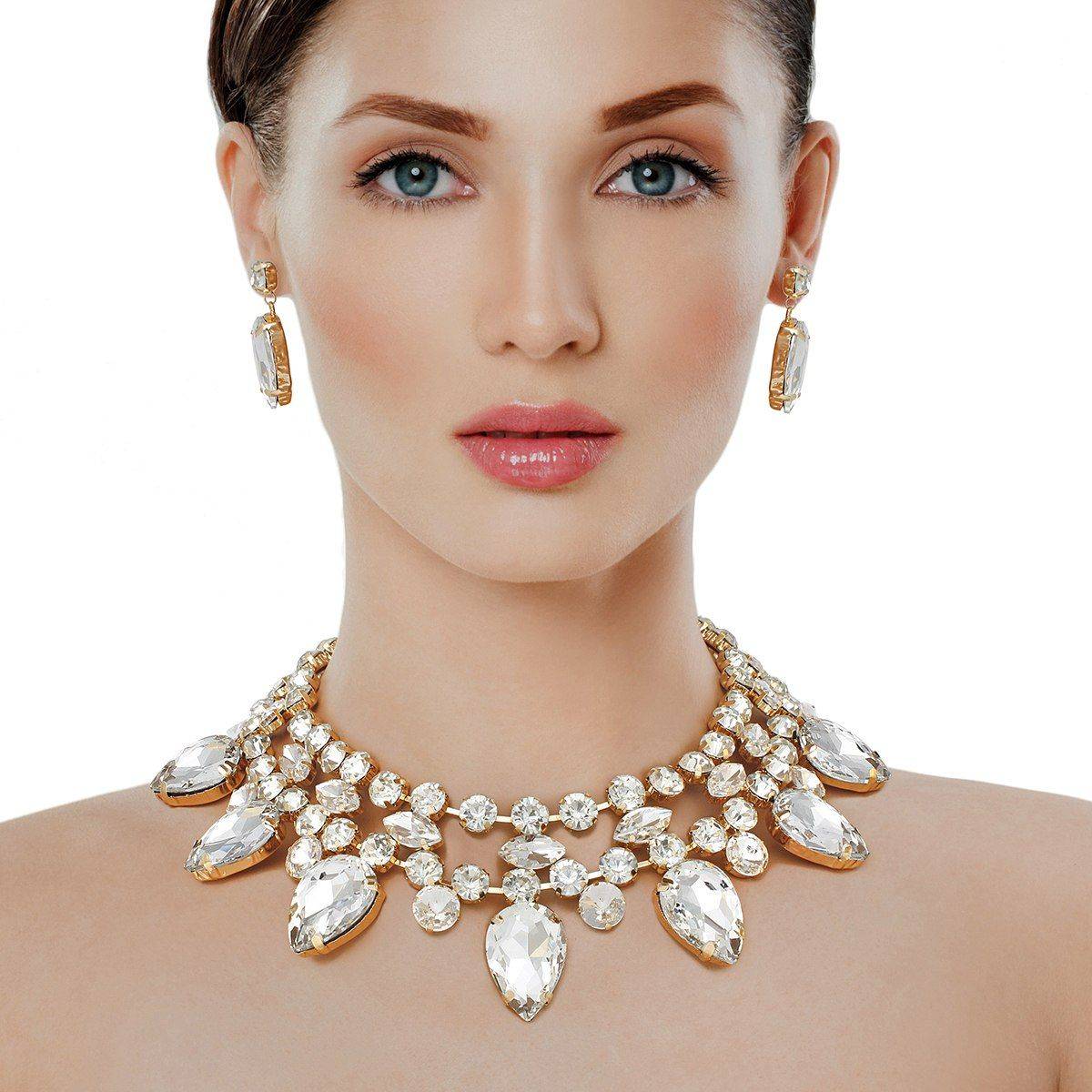 Clear Crystal Collar Necklace Set Double Row Statement Formal Jewelry