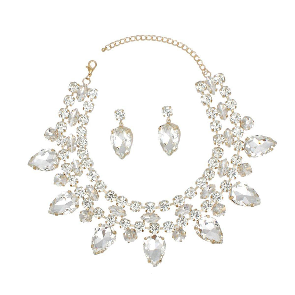 Clear Crystal Collar Necklace Set Double Row Statement Formal Jewelry