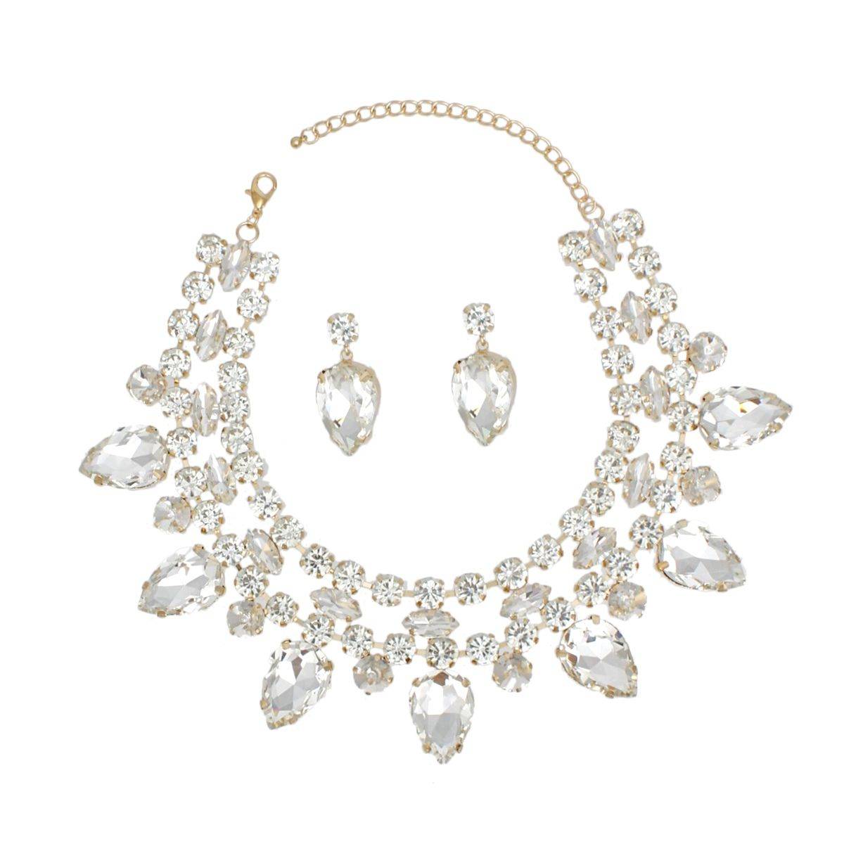 Clear Crystal Collar Necklace Set Double Row Statement Formal Jewelry