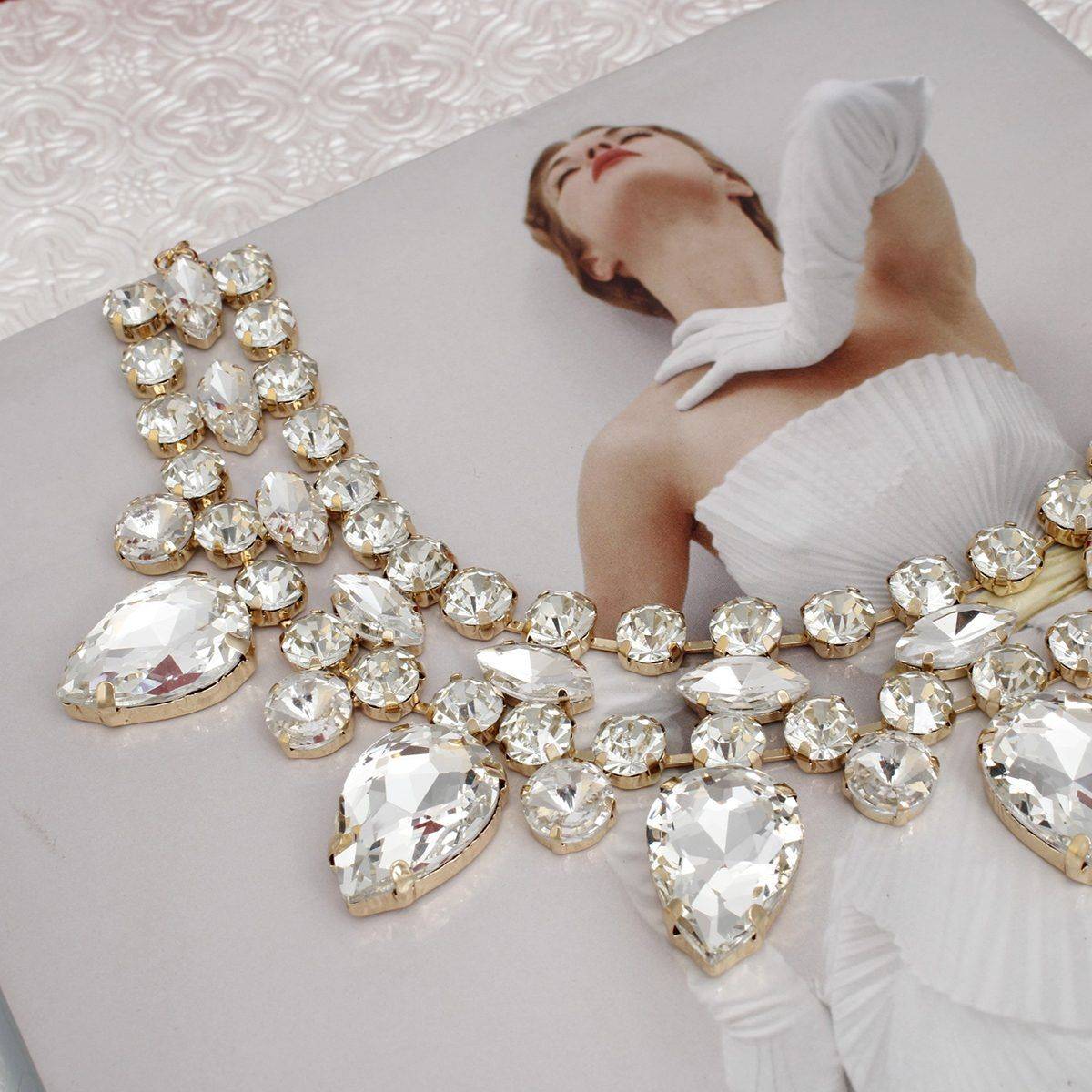 Clear Crystal Collar Necklace Set Double Row Statement Formal Jewelry