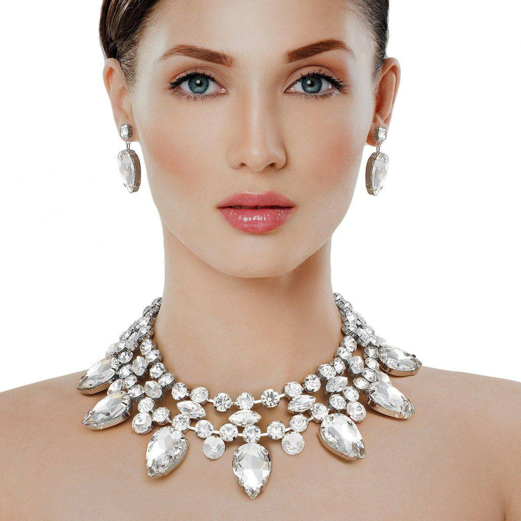 Clear Crystal Collar Necklace Set Double Row Statement Formal Jewelry