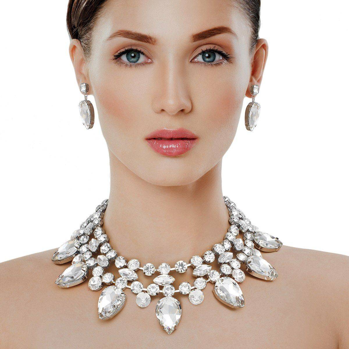 Clear Crystal Collar Necklace Set Double Row Statement Formal Jewelry