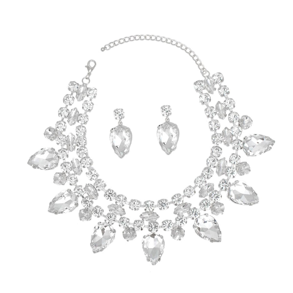 Clear Crystal Collar Necklace Set Double Row Statement Formal Jewelry