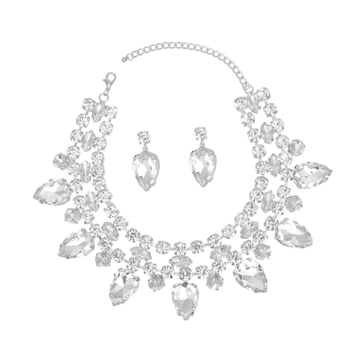 Clear Crystal Collar Necklace Set Double Row Statement Formal Jewelry