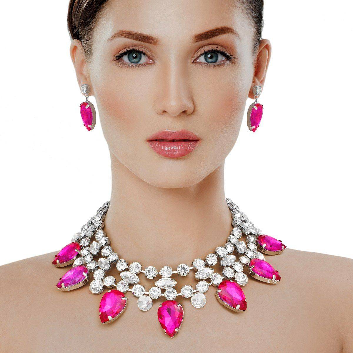 Fuchsia Crystal Collar Necklace Set Double Row Statement Formal Jewelry