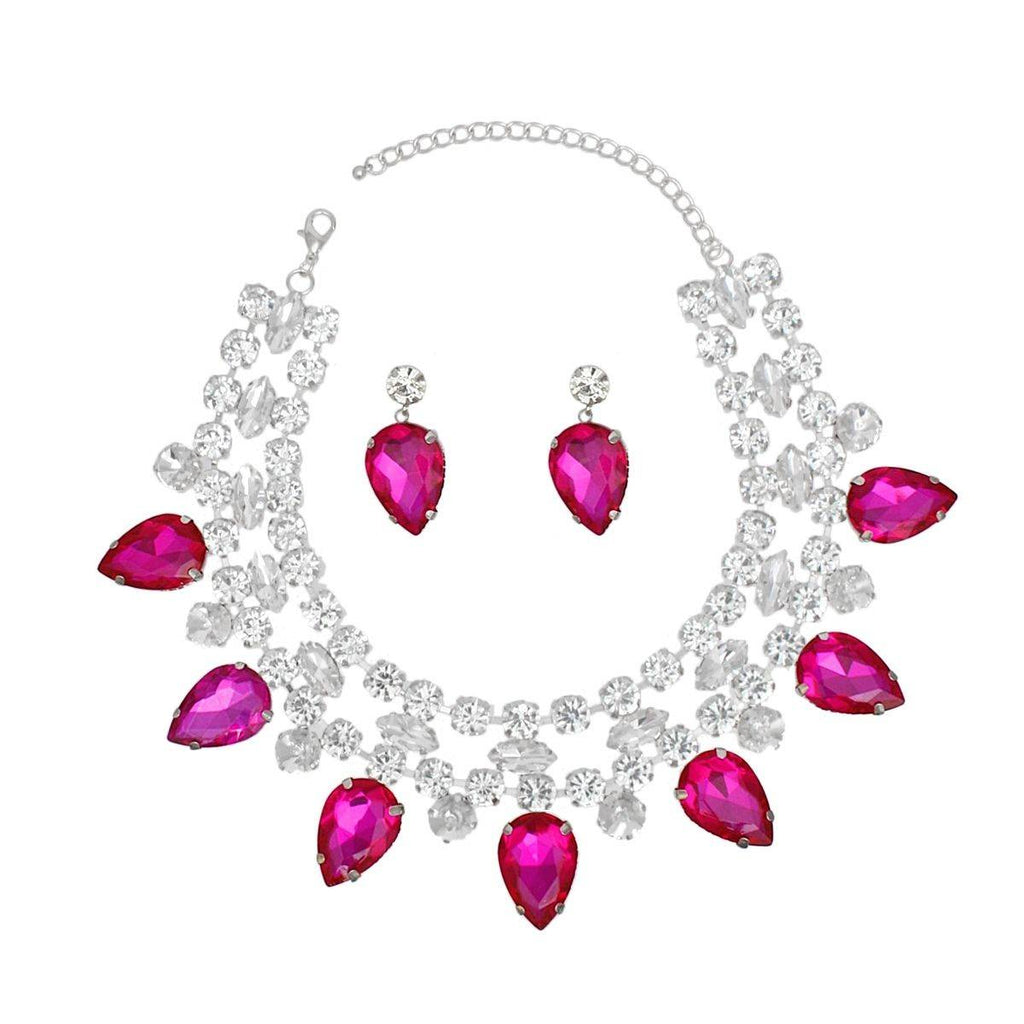 Fuchsia Crystal Collar Necklace Set Double Row Statement Formal Jewelry