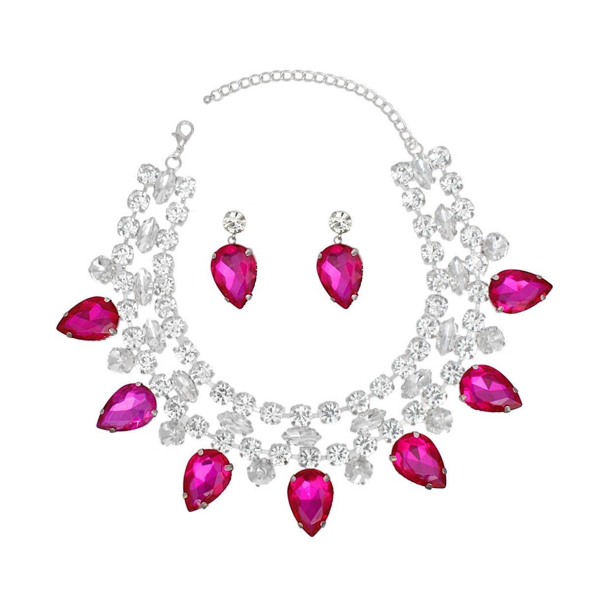 Fuchsia Crystal Collar Necklace Set Double Row Statement Formal Jewelry