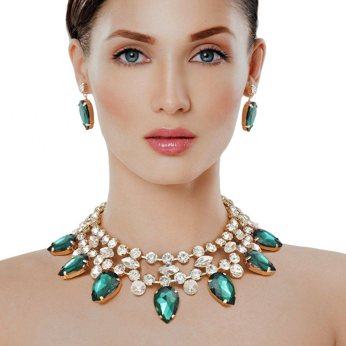 Green Crystal Collar Necklace Set Double Row Statement Formal Jewelry