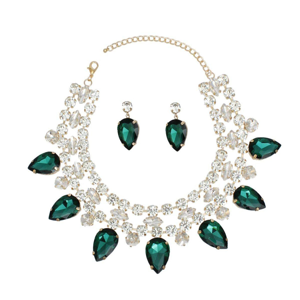 Green Crystal Collar Necklace Set Double Row Statement Formal Jewelry