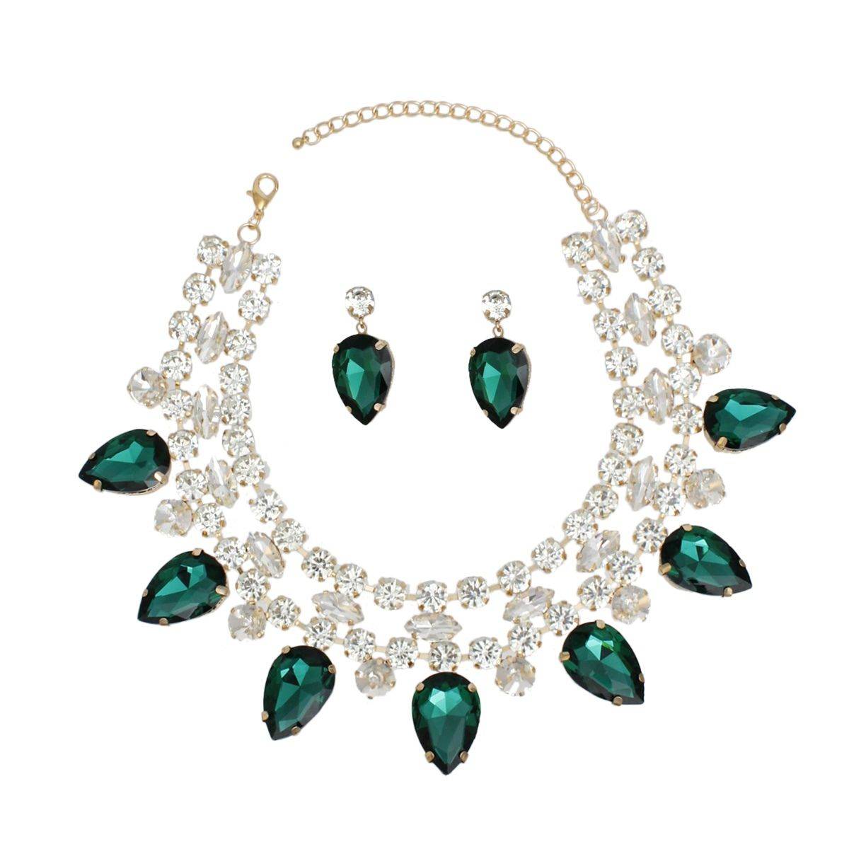 Green Crystal Collar Necklace Set Double Row Statement Formal Jewelry