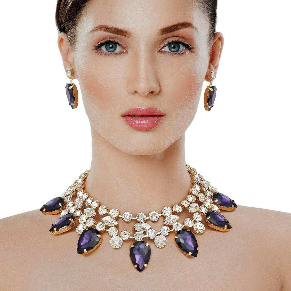 Purple Crystal Collar Necklace Set Double Row Statement Formal Jewelry