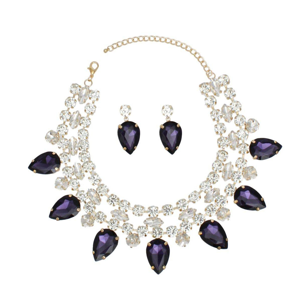 Purple Crystal Collar Necklace Set Double Row Statement Formal Jewelry