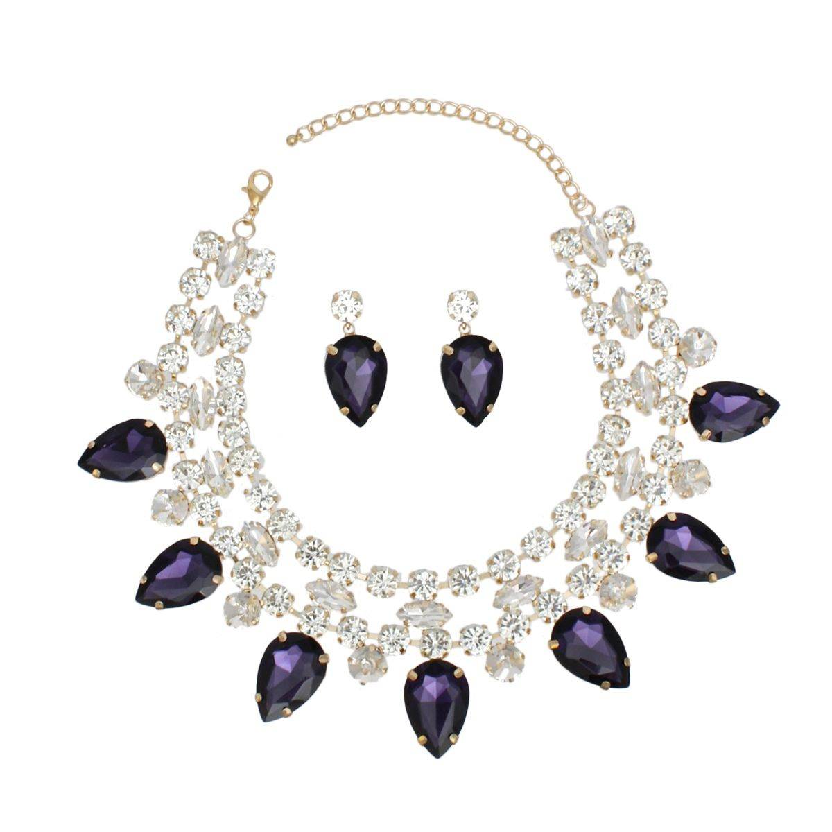 Purple Crystal Collar Necklace Set Double Row Statement Formal Jewelry