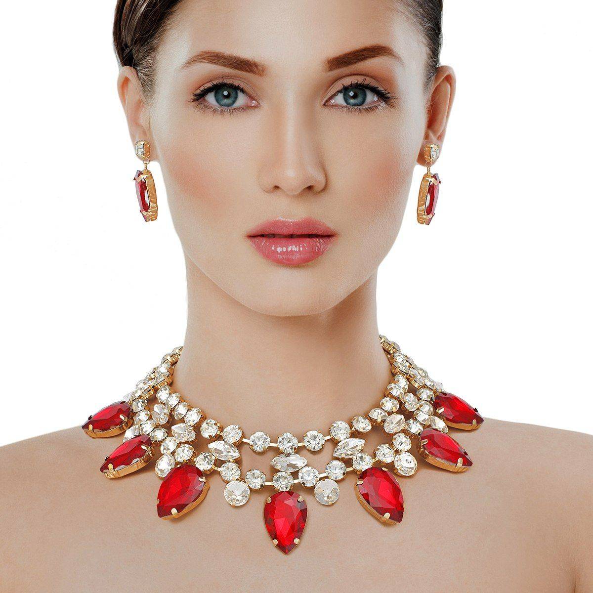 Red Crystal Collar Necklace Set Double Row Statement Formal Jewelry