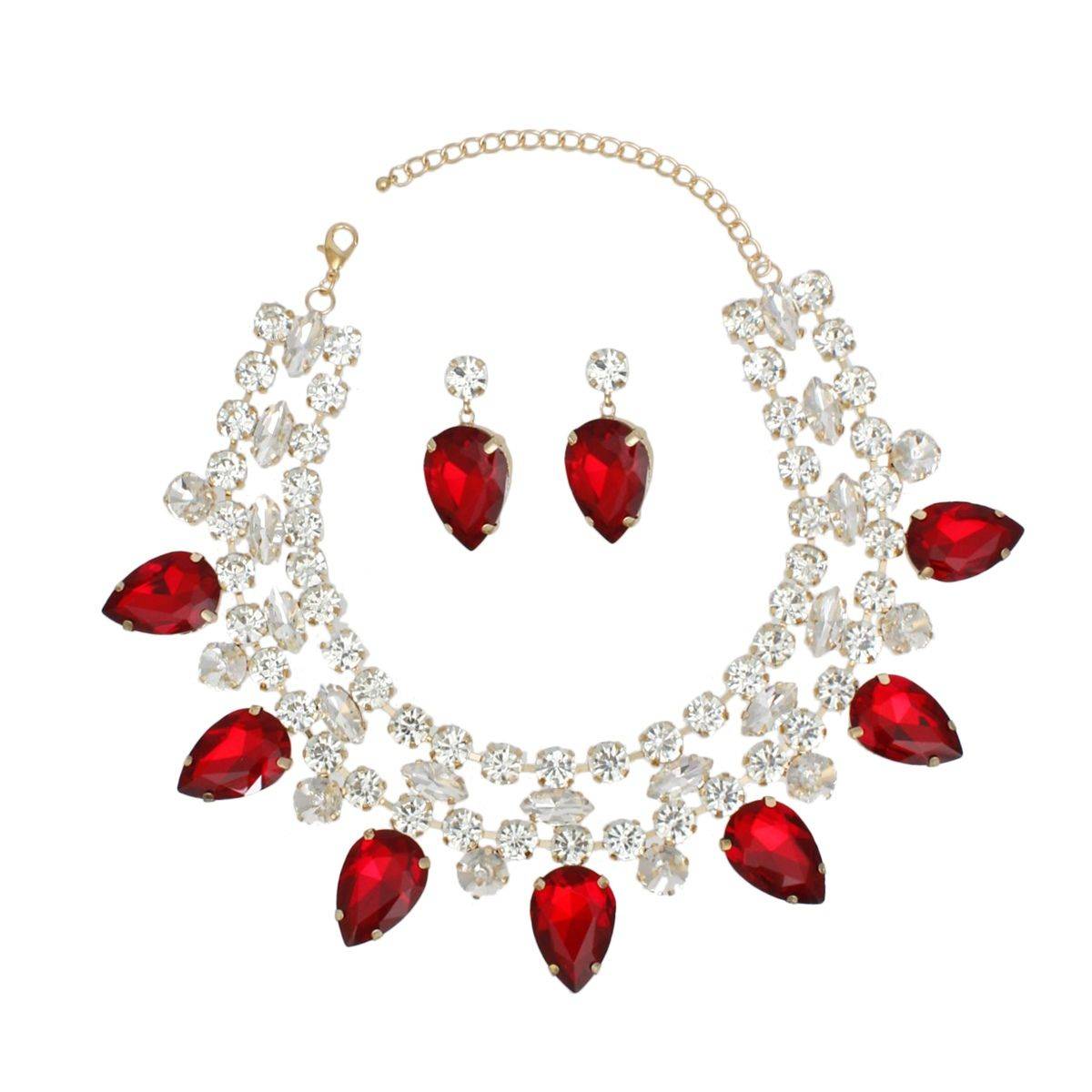 Red Crystal Collar Necklace Set Double Row Statement Formal Jewelry