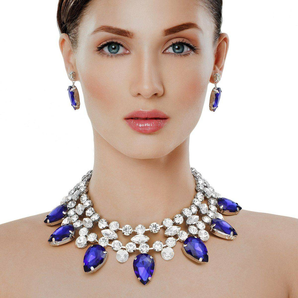 Royal Blue Crystal Collar Necklace Set Double Row Statement Formal Jewelry