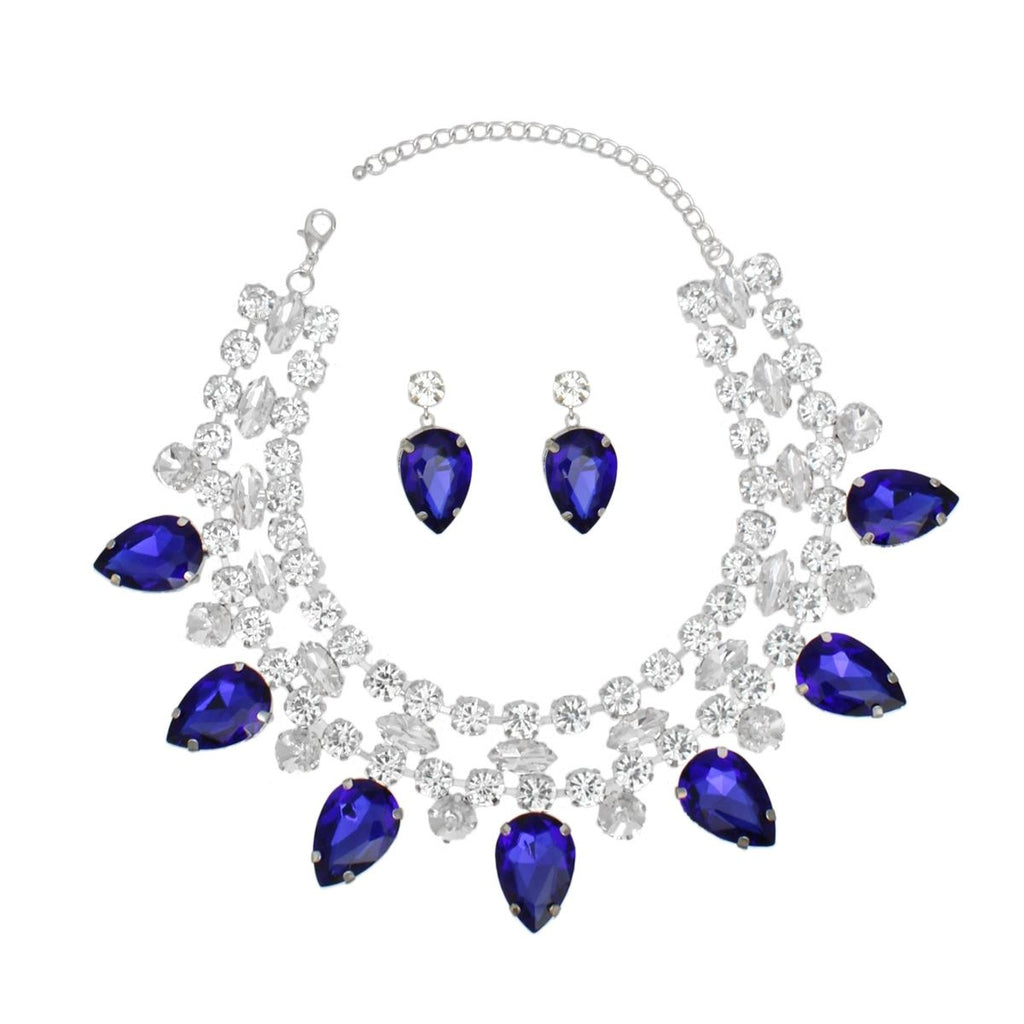 Royal Blue Crystal Collar Necklace Set Double Row Statement Formal Jewelry