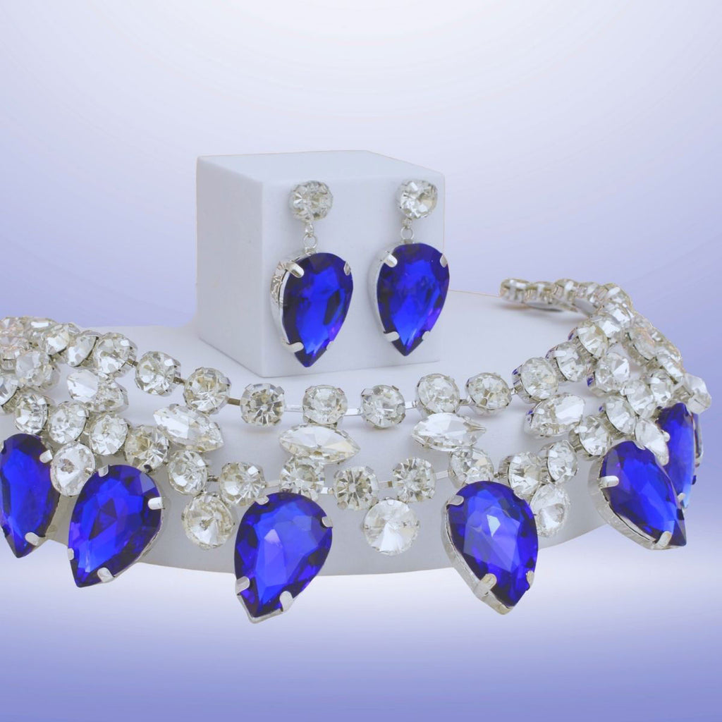 Royal Blue Crystal Collar Necklace Set Double Row Statement Formal Jewelry