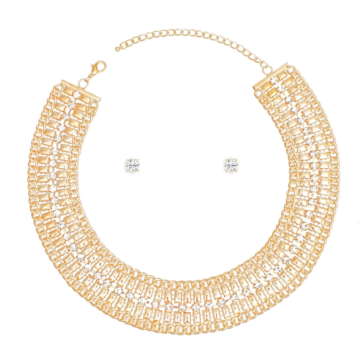 Gold Crystal Mesh Necklace & Earring Set - Elegant Statement Jewelry for Women