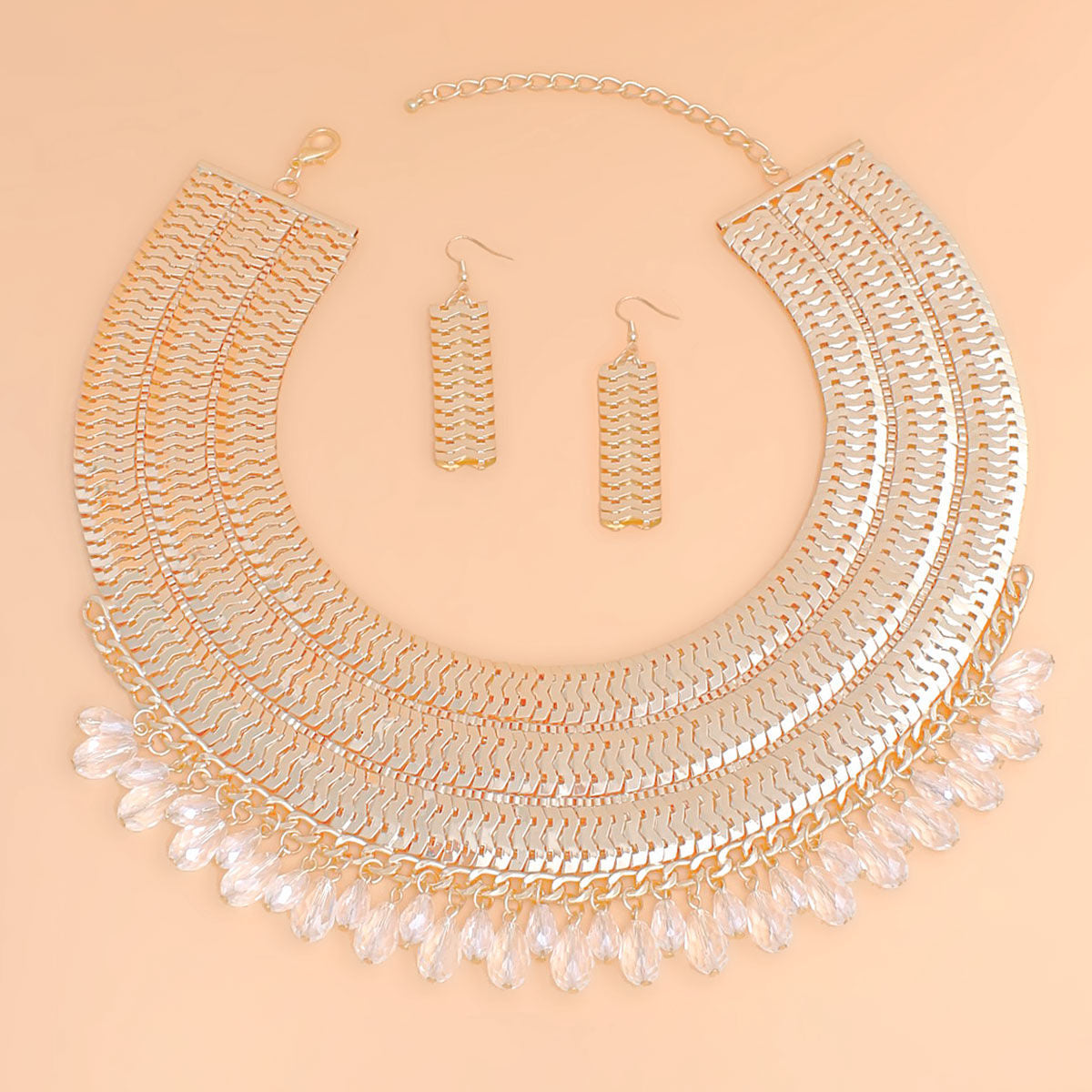 Elegant Statement Necklace and Earring Set - Gold Plated with Crystal Accents