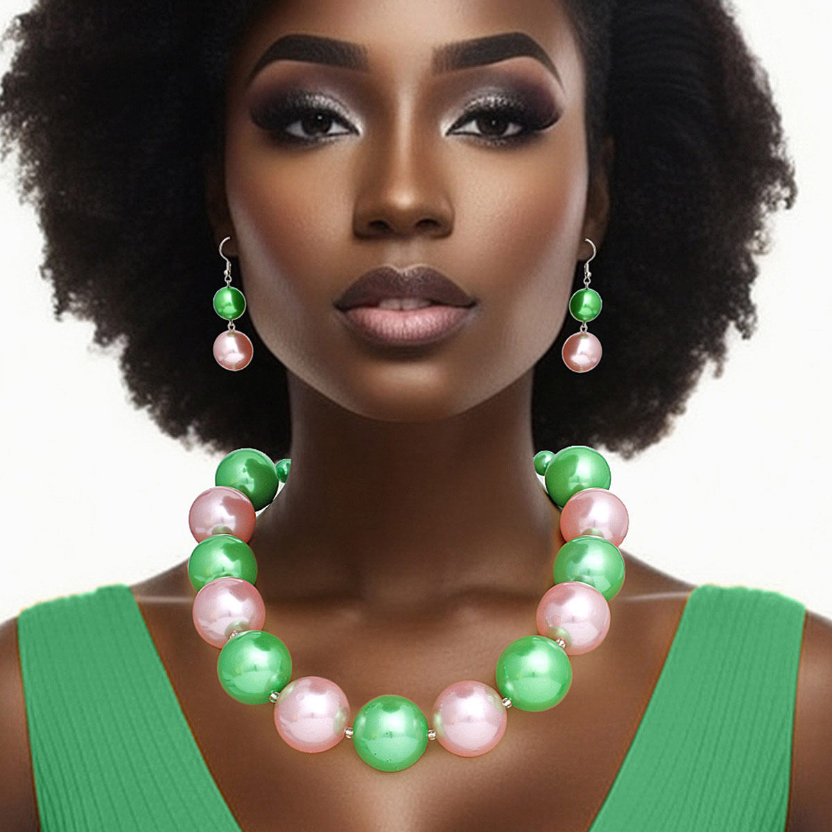 Green Pink Acrylic Bead Necklace Set | Fashion Jewelry