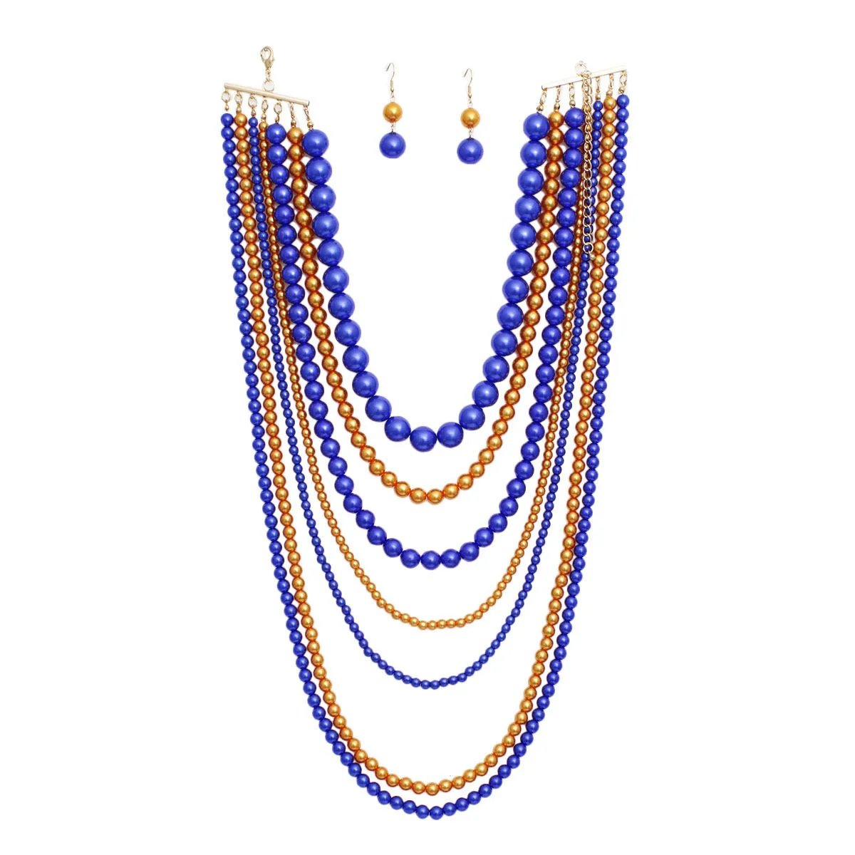 Pearl Necklace Set – 7 Row Layered with Matching Earrings, Gold and Blue