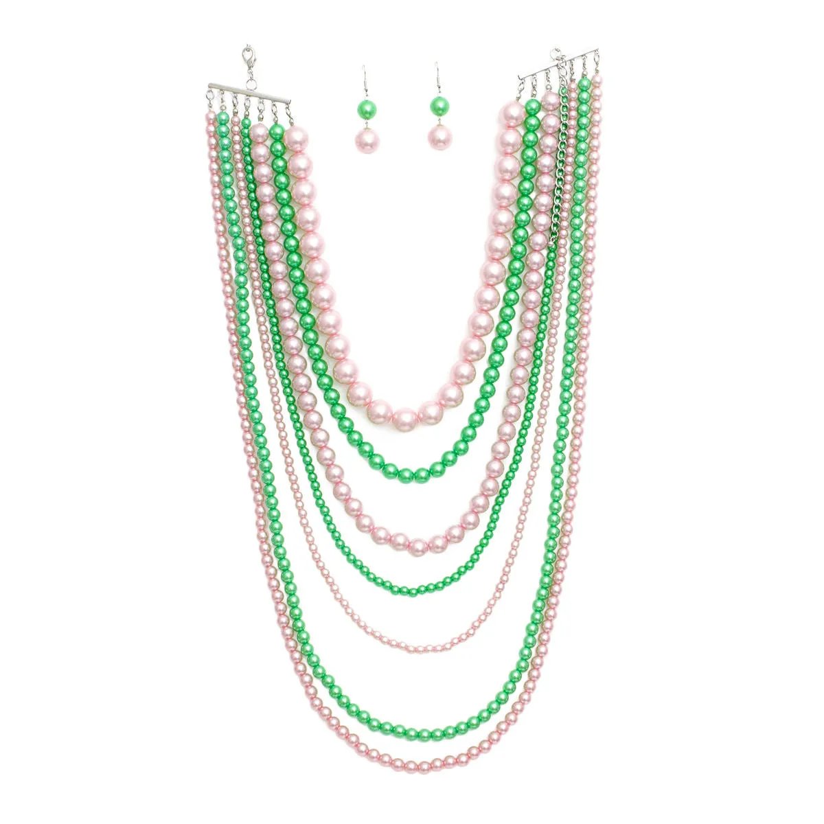 Pearl Necklace Set – 7 Row Layered with Matching Earrings, Pink and Green