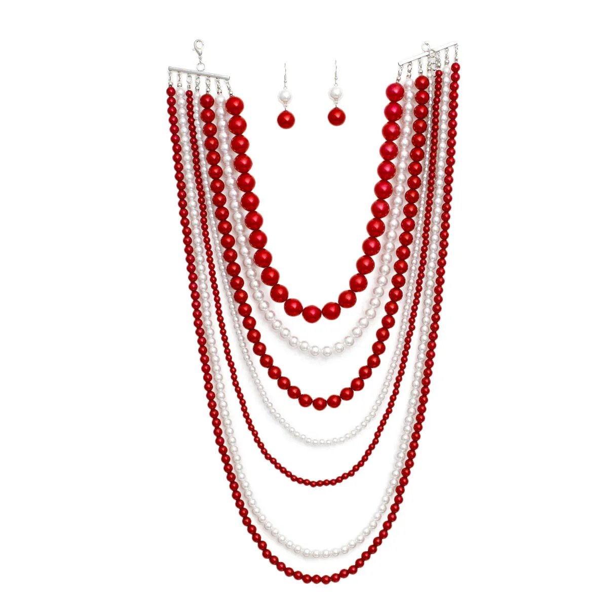 Pearl Necklace Set – 7 Row Layered with Matching Earrings, Red and White
