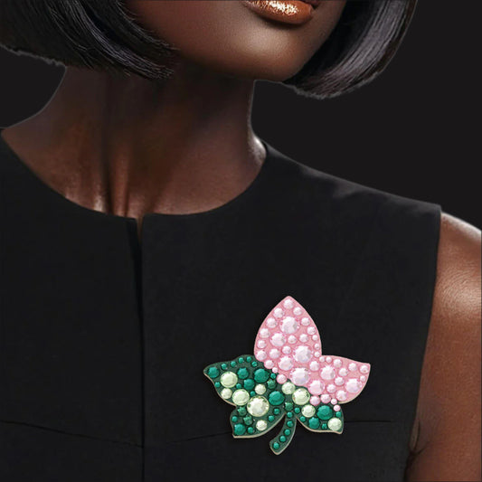 AKA Sorority Pink Green Ivy Leaf Wood Bling Brooch