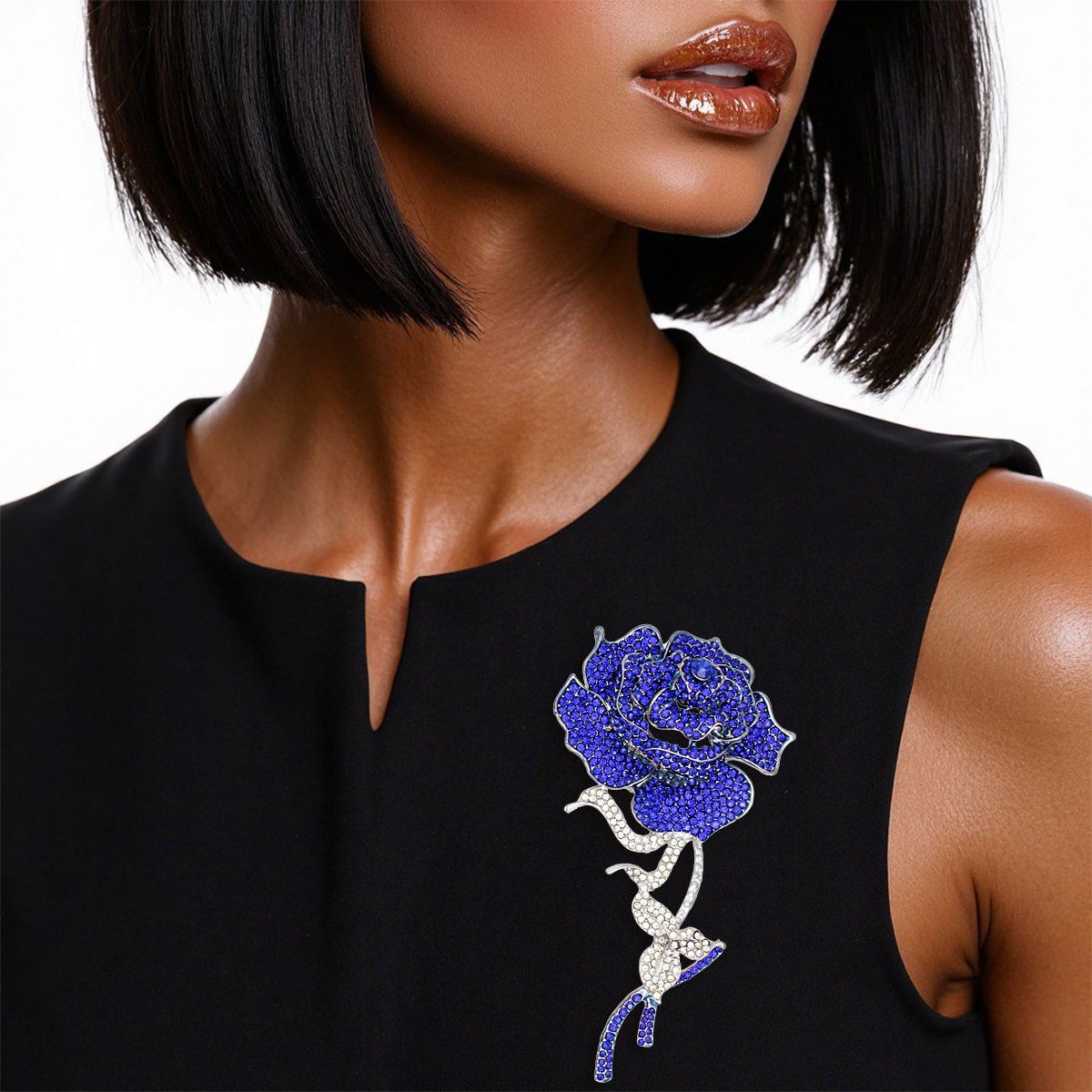 Blue Rose Brooch with Clear Ribbon Leaves Sculptural Rhinestone Pin