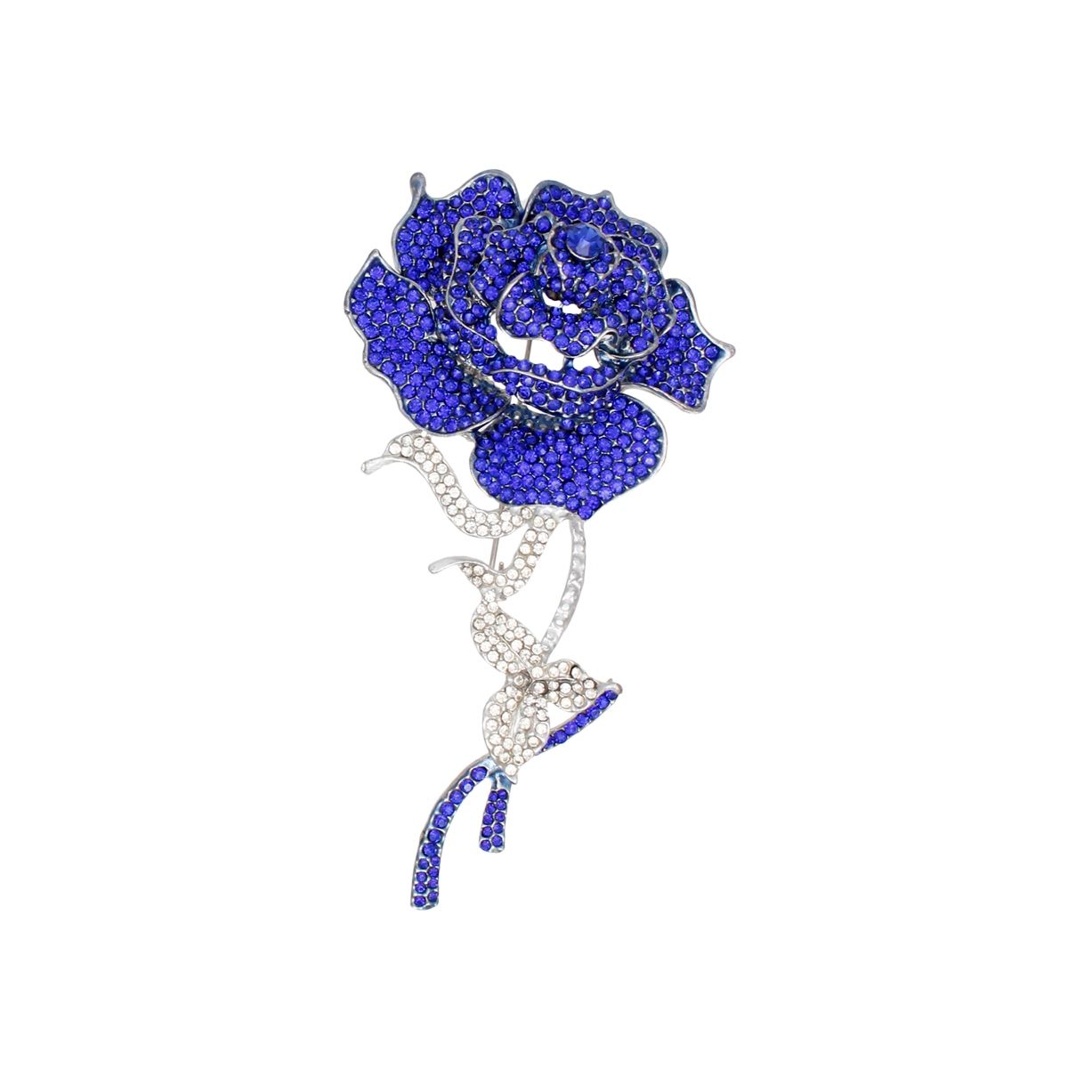 Blue Rose Brooch with Clear Ribbon Leaves Sculptural Rhinestone Pin