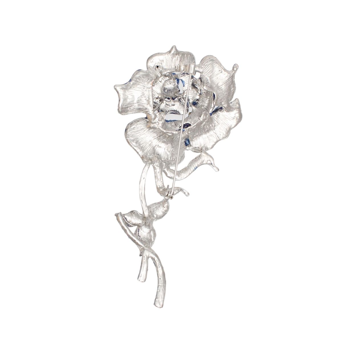Blue Rose Brooch with Clear Ribbon Leaves Sculptural Rhinestone Pin