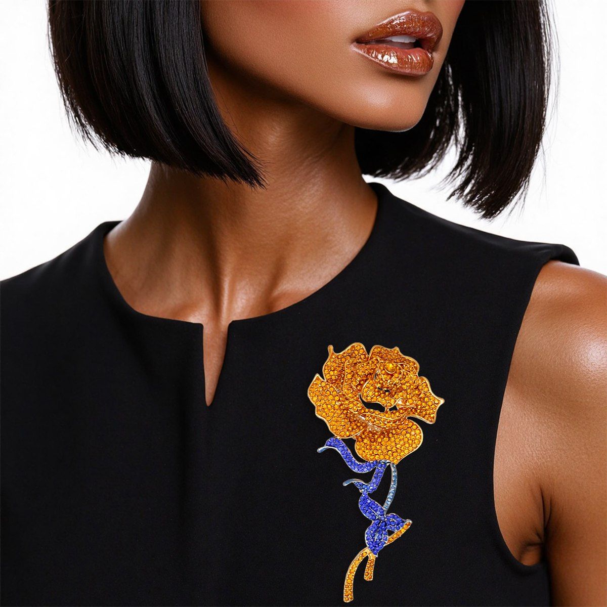 Topaz Gold Rose Brooch with Blue Ribbon Leaves Sculptural Rhinestone Pin