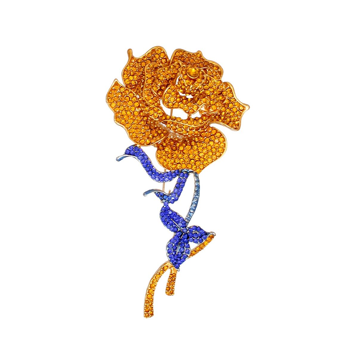 Topaz Gold Rose Brooch with Blue Ribbon Leaves Sculptural Rhinestone Pin