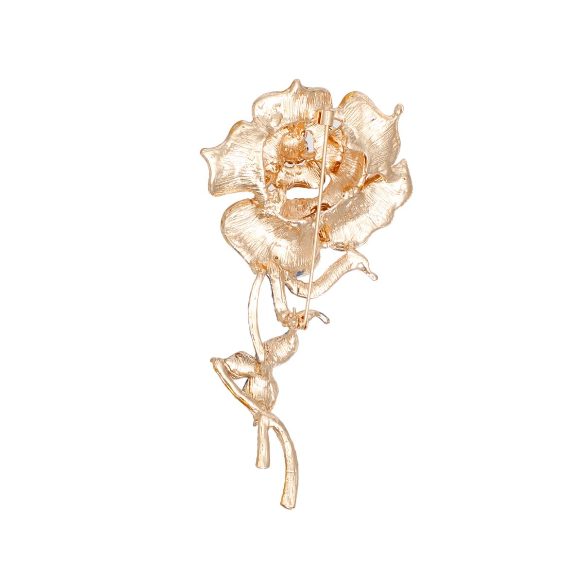 Topaz Gold Rose Brooch with Blue Ribbon Leaves Sculptural Rhinestone Pin