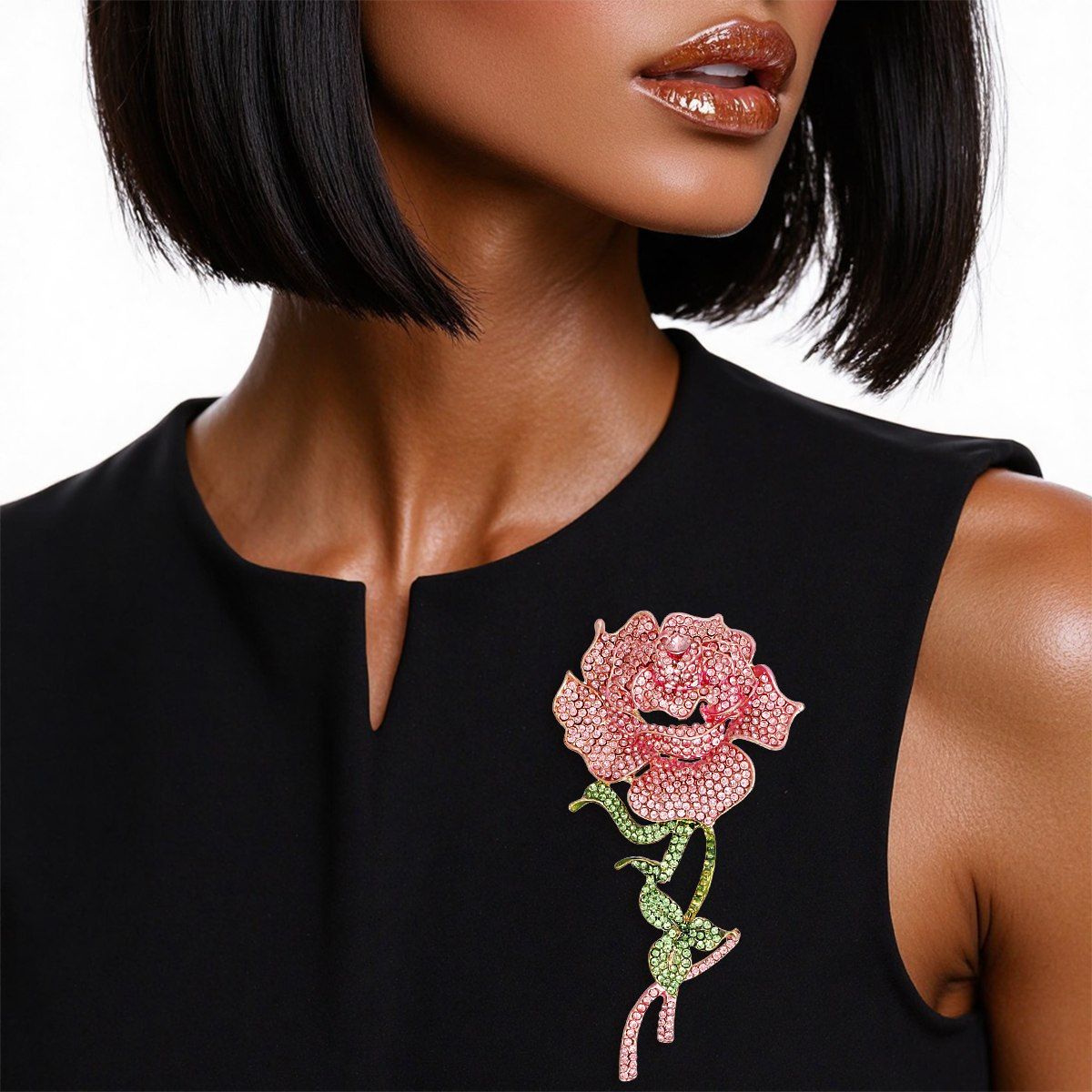 Pink Rose Brooch with Green Ribbon Leaves Sculptural Rhinestone Pin