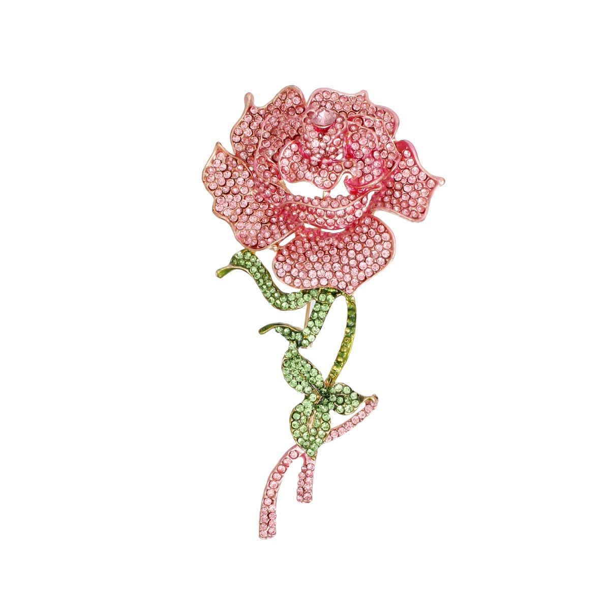 Pink Rose Brooch with Green Ribbon Leaves Sculptural Rhinestone Pin