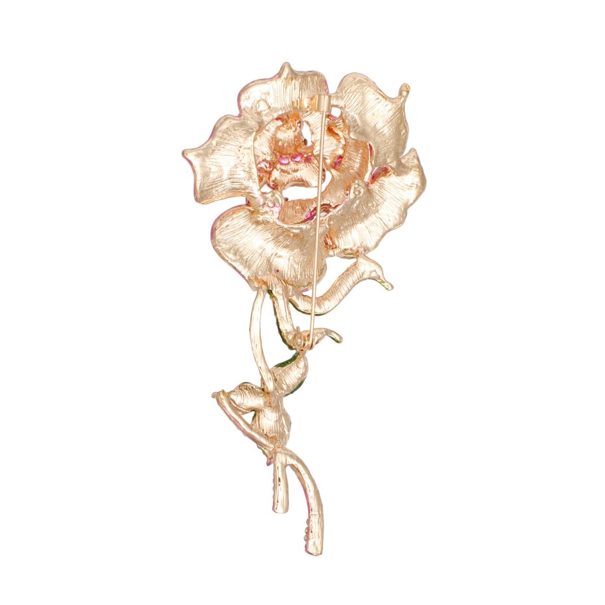 Pink Rose Brooch with Green Ribbon Leaves Sculptural Rhinestone Pin