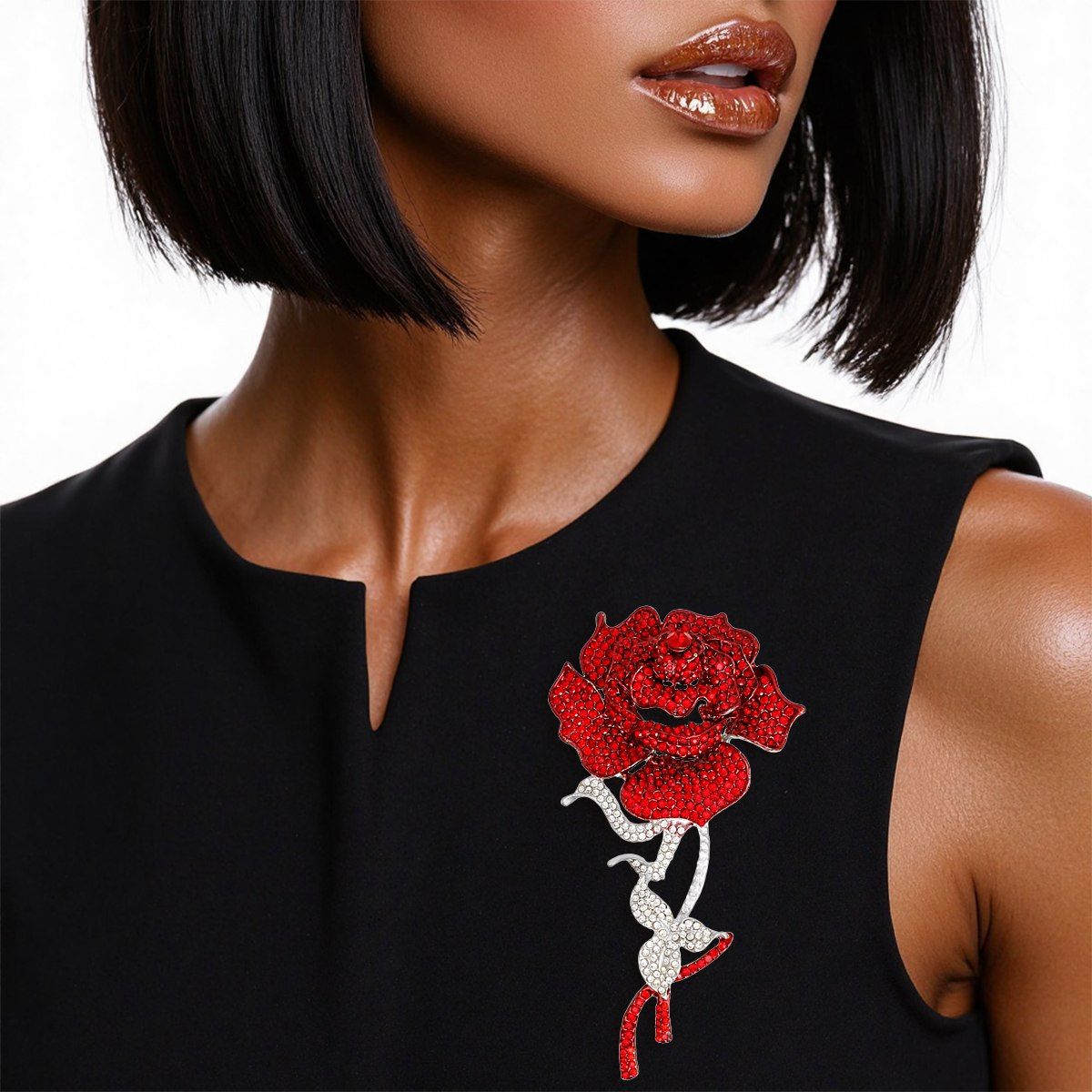 Red Rose Brooch with Clear Ribbon Leaves Sculptural Rhinestone Pin