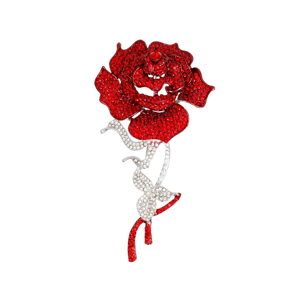 Red Rose Brooch with Clear Ribbon Leaves Sculptural Rhinestone Pin