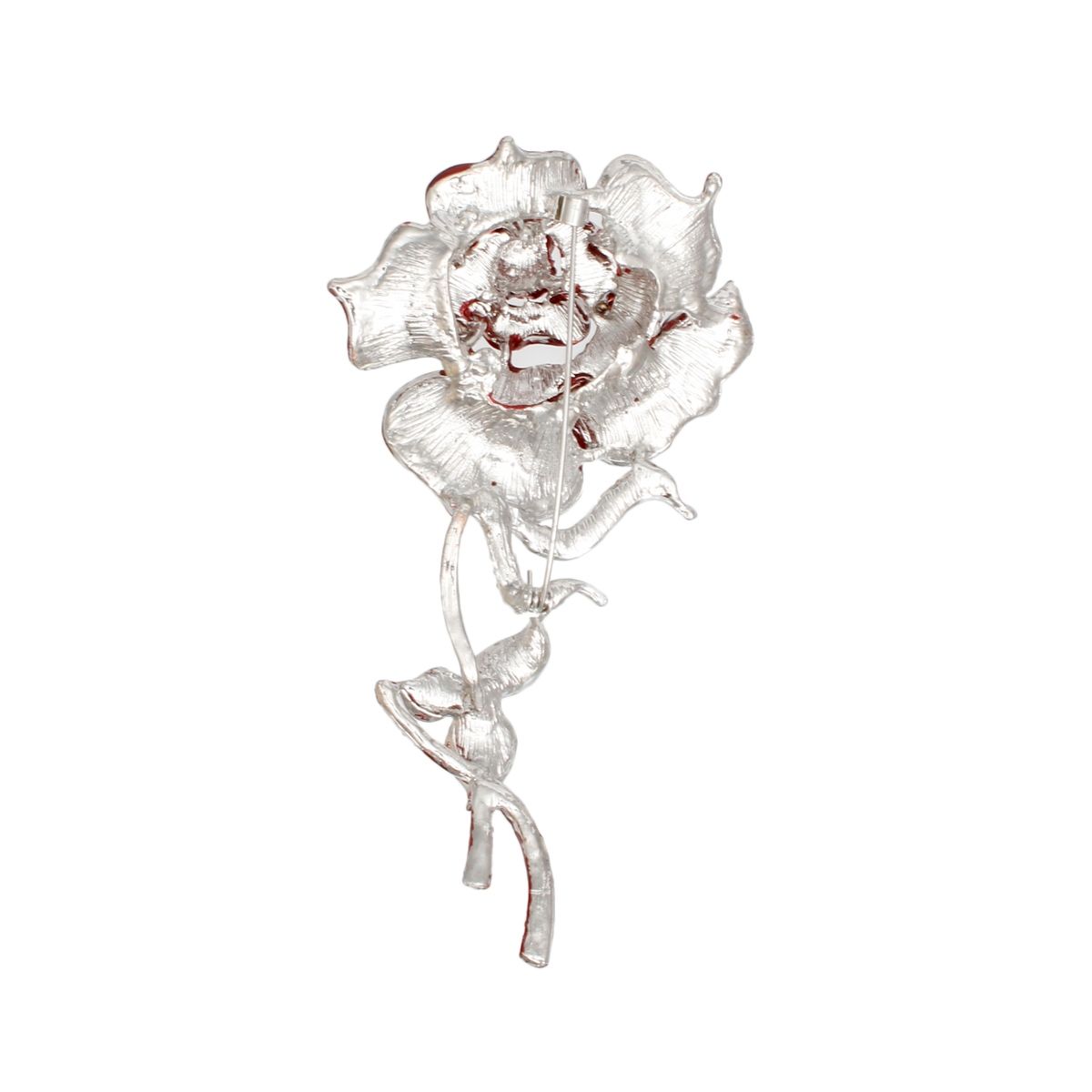 Red Rose Brooch with Clear Ribbon Leaves Sculptural Rhinestone Pin