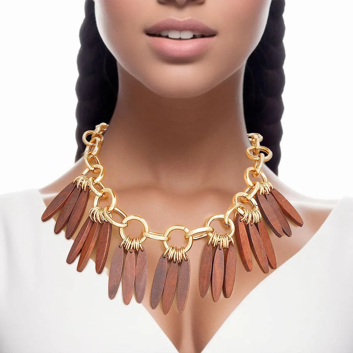 Gold Link Chain Brown Drops Detail Statement Necklace - Fashion Jewelry to Shop Now!