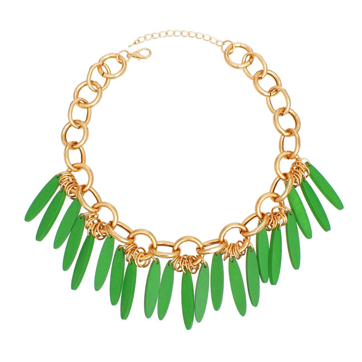 Gold Link Chain Green Drops Detail Statement Necklace - Fashion Jewelry to Shop Now!