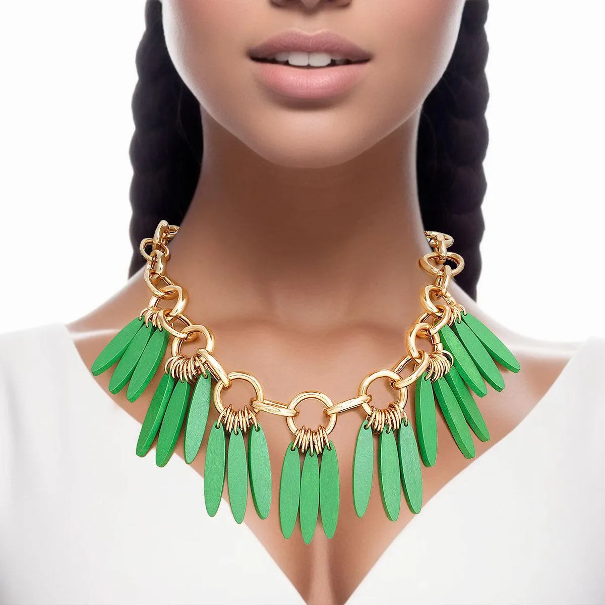 Gold Link Chain Green Drops Detail Statement Necklace - Fashion Jewelry to Shop Now!