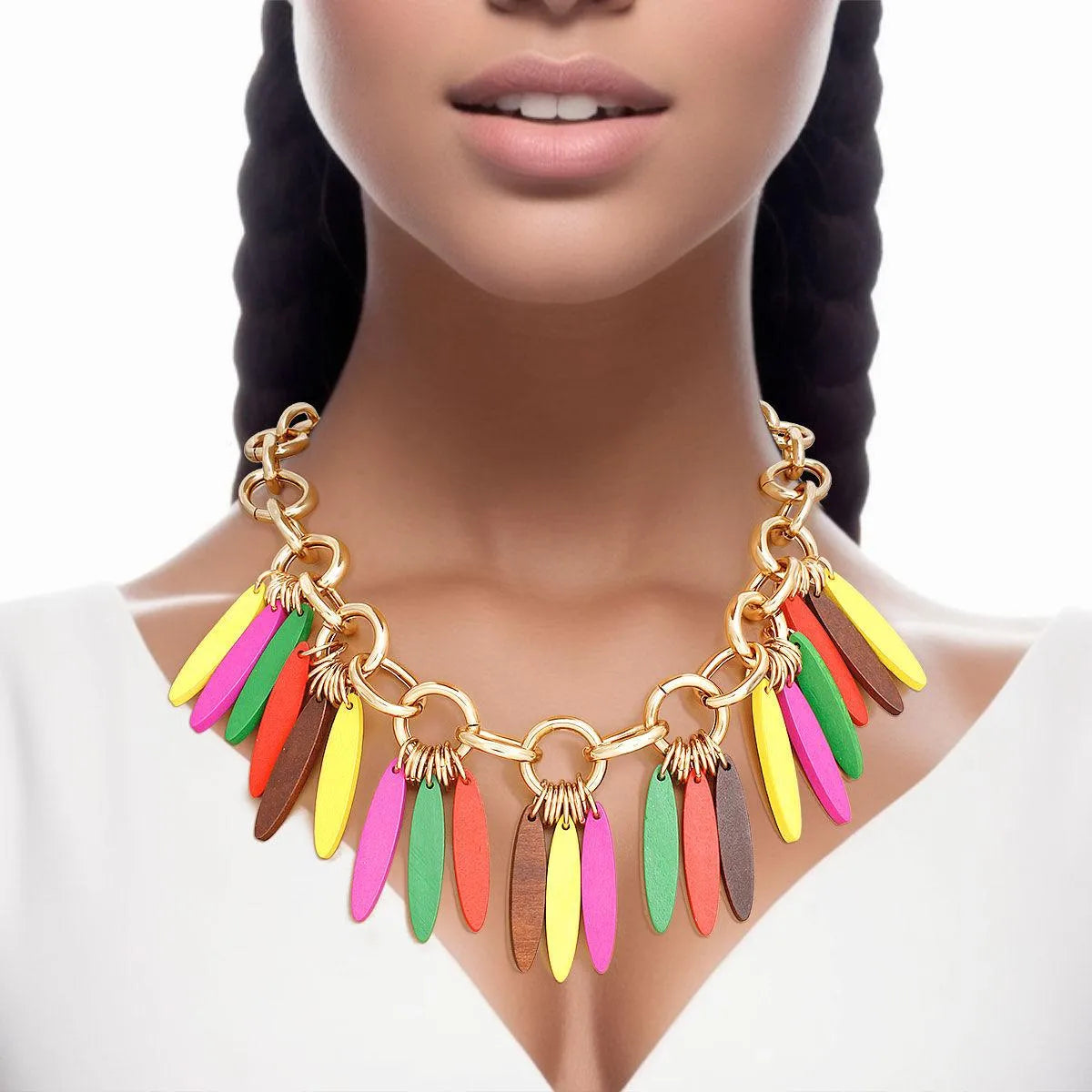 Gold Link Chain Multicolor Drops Detail Statement Necklace - Fashion Jewelry to Shop Now!