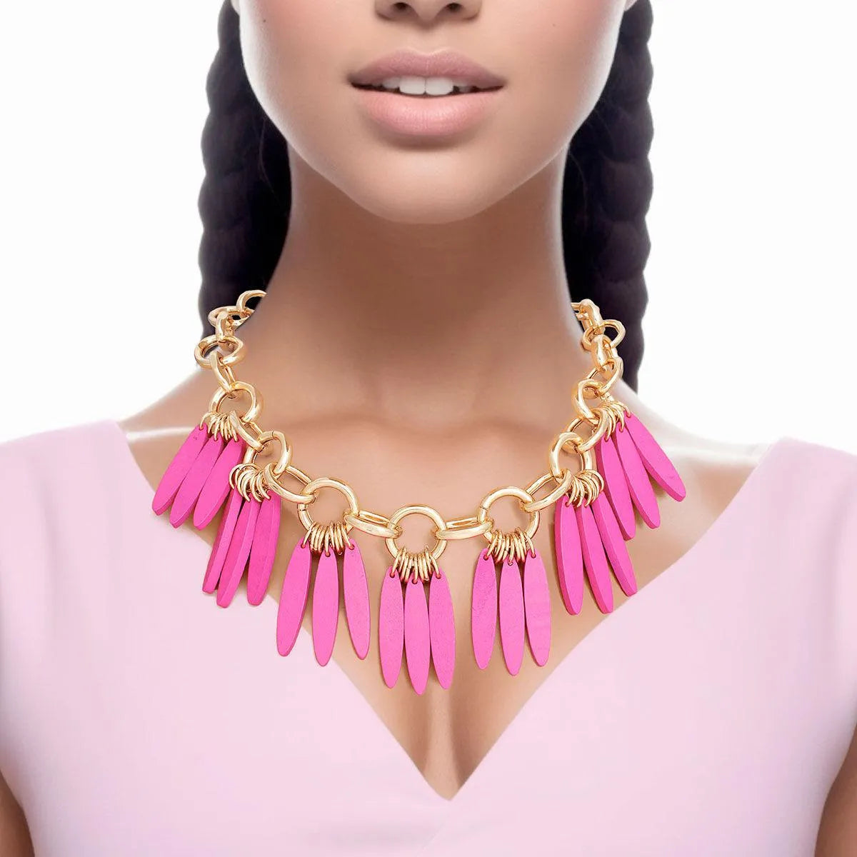 Gold Link Chain Purple-fuchsia Drops Detail Statement Necklace - Fashion Jewelry to Shop Now!